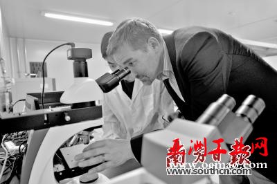 佛山市安齿生物科技有限公司的olaf博士在对实验进行检查。南方日报记者